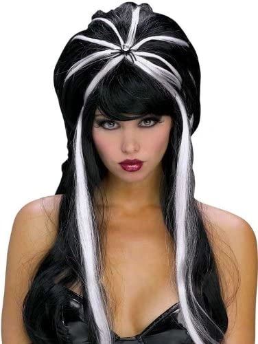 *Spider Witch Wig, Women's - Long Black Hair White Streaks - After Halloween Sale