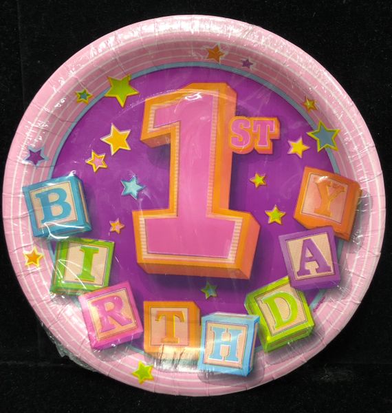 BOGO SALE - Happy 1st Birthday Girl Blocks, Pink Party Cake Plates, 7in - 12 Plates - Lavender