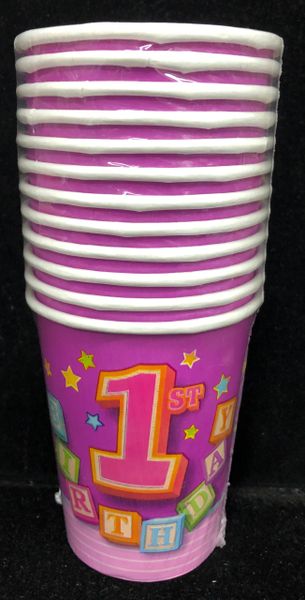 BOGO SALE - Happy 1st Birthday Girl Blocks, Pink Party Cups, 12ct - 9oz - Lavender