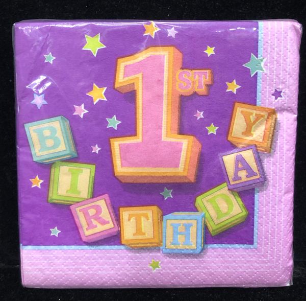 Happy 1st Birthday Girl Blocks, Pink Party Beverage Napkins, 24 Napkins - Lavender