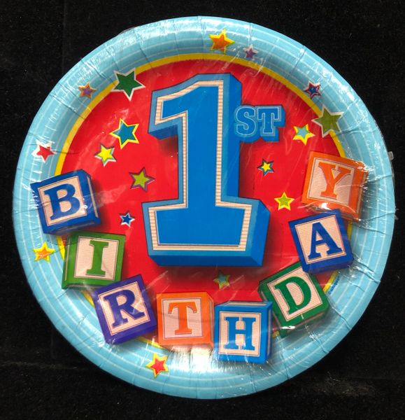 BOGO SALE - Happy 1st Birthday Boy Blocks, Blue Party Cake Plates, 7in - 12 Plates - Red