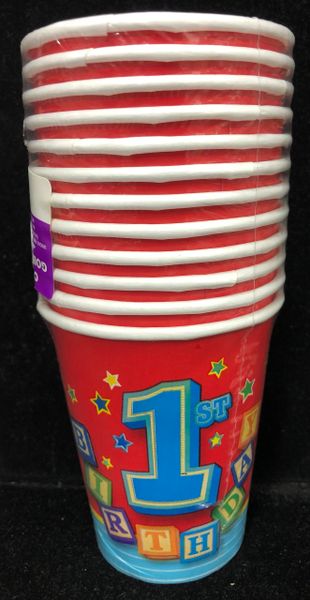 BOGO SALE - Happy 1st Birthday Boy Blocks, Blue Party Cups, 12ct - 9oz - Red