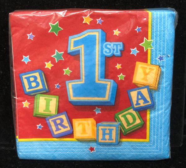 Happy 1st Birthday Boy Blocks, Blue Party Beverage Napkins, 24 Napkins - Red