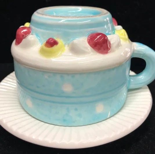 *Rare Vintage Happy Birthday Blue Cake Coffee Mug with Saucer - by Russ Berrie