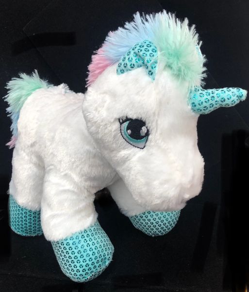 Soft Unicorn Plush Blue Horn, Sequins - 12in