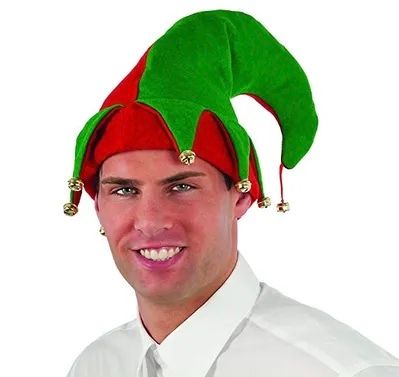 *Elf Jester Hat with Bells Costume Accessory, Red, Green, Unisex - Christmas Holiday