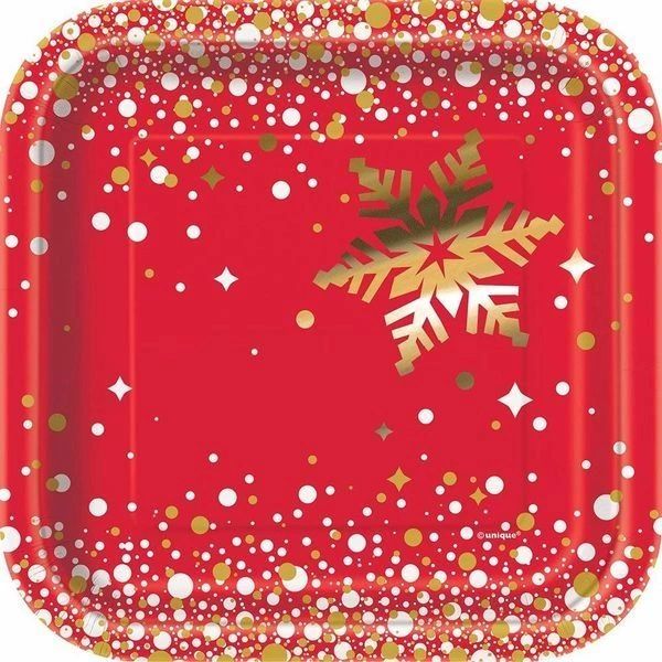 Gold Sparkle Christmas Party Cake Plates, Square, Red, Gold Foil Snowflake 7in - 8ct