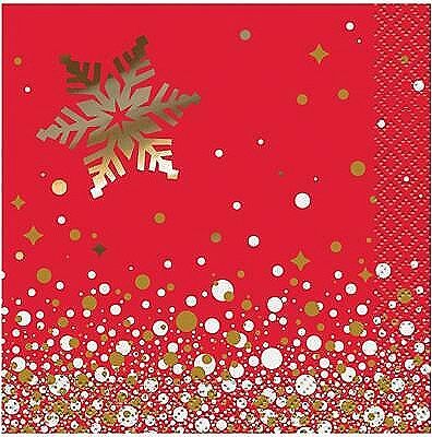 Gold Sparkle Christmas Party Beverage Napkins, 16ct - Red, Gold Foil Snowflake