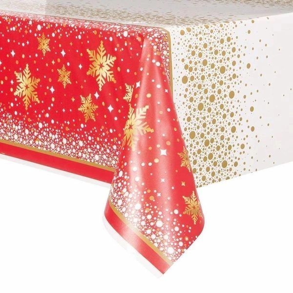 Gold Sparkle Christmas Party Table Cover, Red, Gold Foil Snowflake - 54x84in