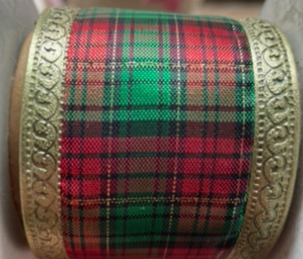 Wide Red Plaid Fabric Ribbon, Gold Edge, 2in x 3yds, FIB, Burton