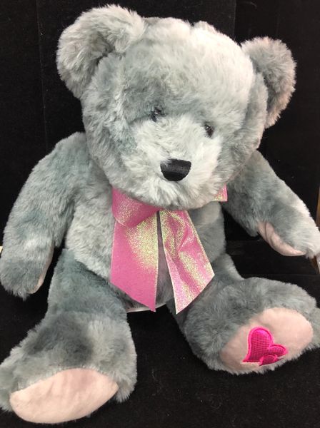 Soft Gray Teddy Bear Plush with Pink Bow and Heart Under Foot, 11in