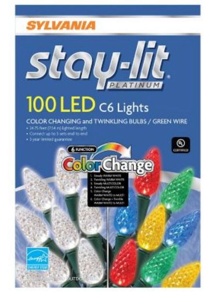 100 Lights Sylvania Staylit 6-Function LED Twinkling/Color Changing C6 Light Set