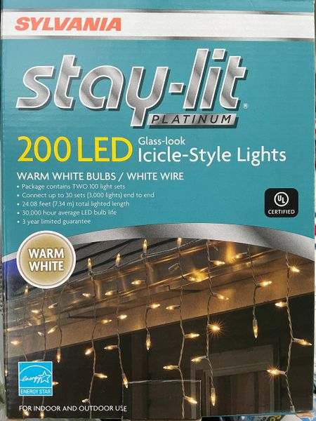 200 Lights, Sylvania Staylit Warm White Glass-Look LED Icicle -Style String Lights, White Wire