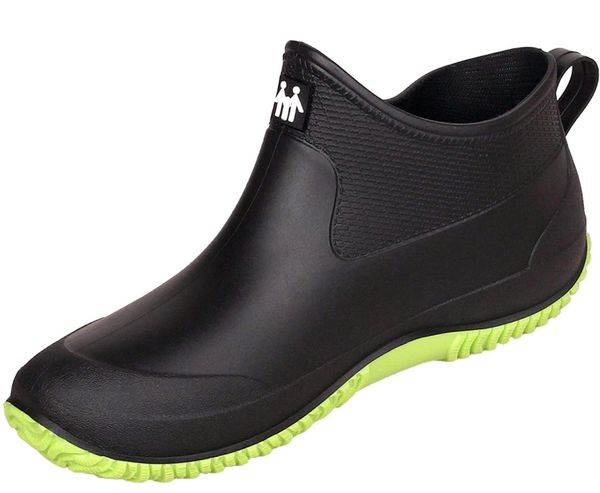 Womens Waterproof Rain Shoes - Garden Shoes- Ankle Boots, Non-Slip, Black, Neon Green - Size 7.5