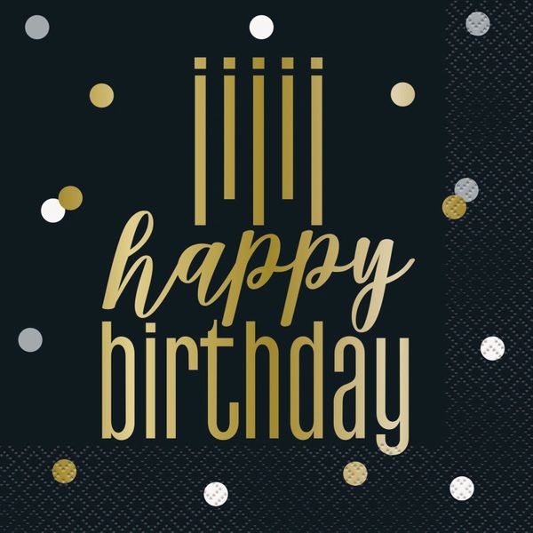 Gold Metallic Happy Birthday Black Party Luncheon Napkins, 16ct
