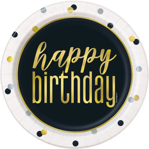 Gold Metallic Happy Birthday Black Party Cake Plates, 7in - 8ct