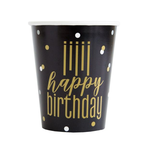 Gold Metallic Happy Birthday Black Party Cups, Hot/Cold, 8ct - 9oz