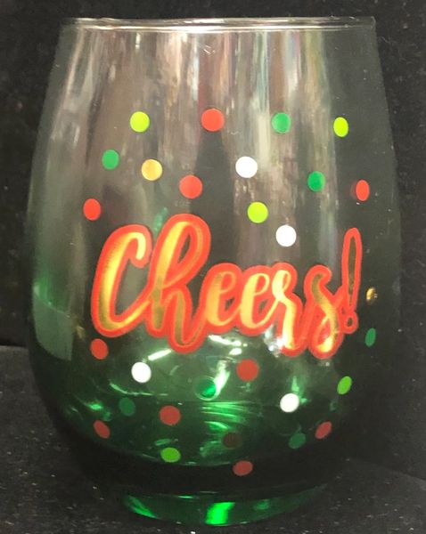Cheers! Green Stemless Wine Glass, Christmas Holiday Novelty Gifts, 20oz