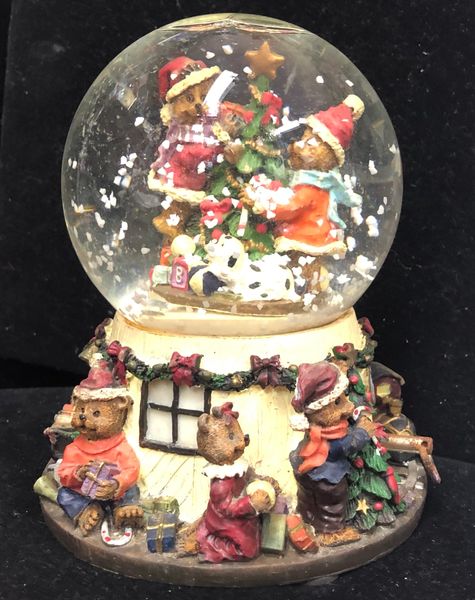 Christmas Tree Musical Water Snowglobe with Teddy Bears, 6in - Holiday Novelty Gifts