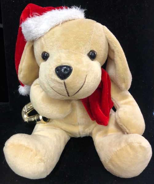 *Light Brown Santa Dog Plush Holding Gold Saxophone, 10in - Christmas Holiday Novelty Gifts