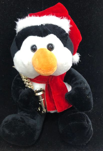 Penguin Santa Plush Holding Gold Saxophone, 10in - Christmas Holiday Novelty Gifts