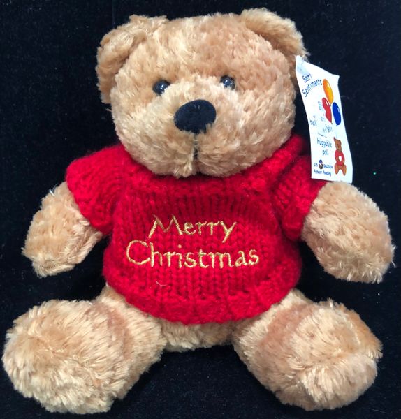 Merry Christmas Brown Teddy Bear Plush, Red Knit Sweater, 7in - Christmas Holiday Novelty Gifts