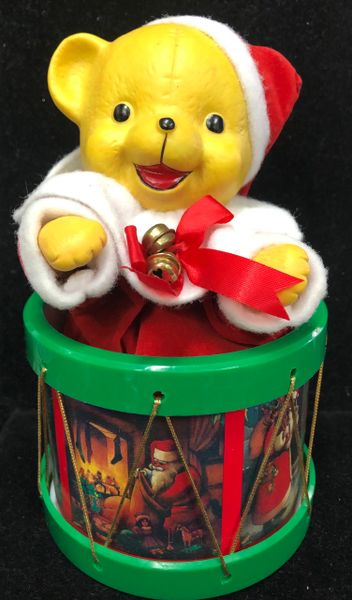*Rare Vintage Christmas Musical Santa Clause Teddy Bear in Drum Porcelain Figurine, 6in - Plays Jingle Bell - Holiday Novelty Gifts
