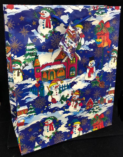 Christmas Snowman Gift Bag, Large, 13in - Blue - Holiday Sale