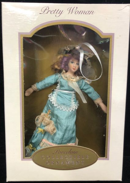 *Rare Pretty Woman Porcelain Ornament Doll in Blue Dress, 7in, 2003