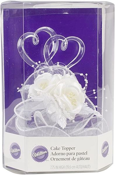 Wilton Wedding Cake Topper - 2 Hearts Cake Topper White Roses and Clear Hearts Wedding Cake Topper, 8in