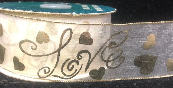 Love Ribbon #9, 1.5in x 10yds, Sheer White Ribbon, Gold Print, Woven by Berwick