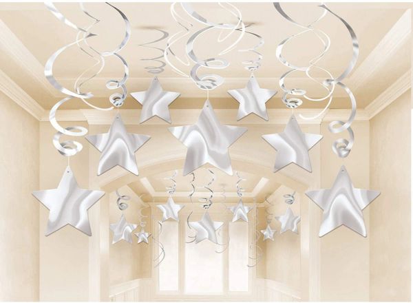 BOGO SALE - Silver Metallic Star Swirl Decoration Kit, 30pcs - Silver Decorations - Party Sale