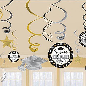 Graduation Swirl Decorations, Black, Gold, Silver -12pcs