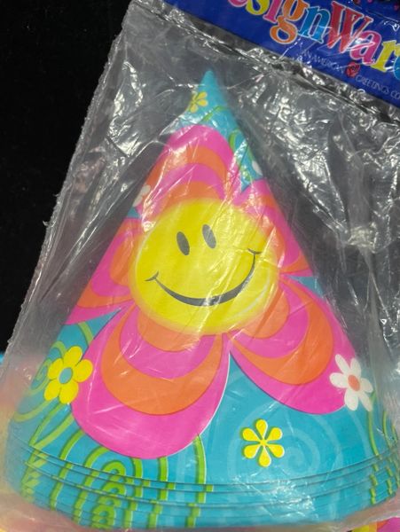 Rare Retro Smile Smiley Face Flower Birthday Party Favor Cone Hats, 8ct
