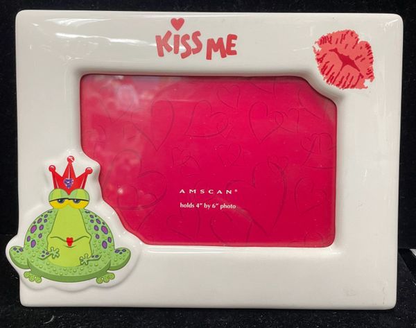 Kiss Me Frog Prince Ceramic Picture Frame with Lipstick Kiss, 4x6 photo - Love Gifts - Valentines Day Gifts - Discontinued