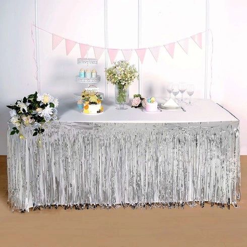 Silver Metallic Fringe Table Skirt - 29x144ft - Silver Decorations