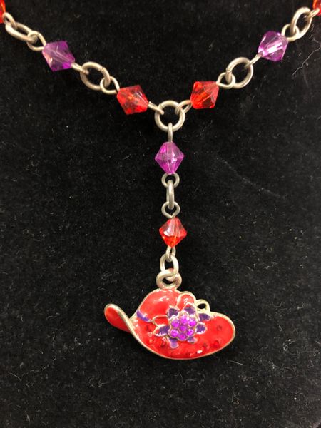 Red Hat Charm Necklace, Red, Purple Crystals - Costume Jewelry