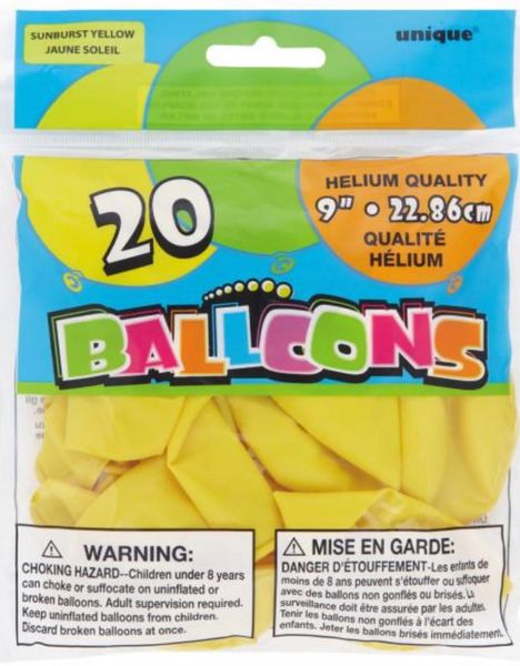 20 Sunburst Yellow Latex Balloons, 9in - Yellow Balloons