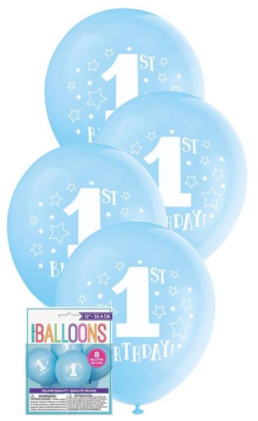 First Birthday Balloons, Stars Blue 1st Birthday, 12in - 8ct - Blue Balloons