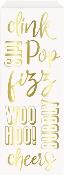 3 Gold Pop Fizz Clink Wine Bottle Gift Bags - 3 Bags - Foil Stamped Words "Clink", "Pop", "Fizz"