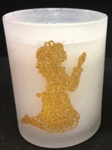 BOGO SALE - Praying Girl Communion Votive Candles in Glass with Gold Glitter, 2.5in - 5pcs