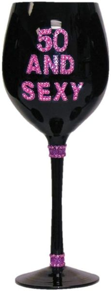 *50 and Sexy Black Wine Glass, Pink Crystals