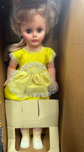 DOLL SALE - Rare Vintage C & C Doll, Walking, Talking, Blonde Hair, Yellow Dress, 24in