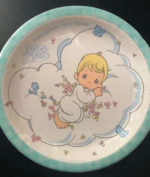 Rare Precious Moments Baby Luncheon Plates, 9in - 8ct - Gift From Above! - Aqua Blue Trim - Baby Shower - Christening - Baptism