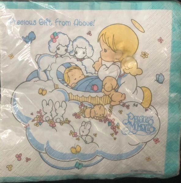 Rare Precious Moments Baby Party Luncheon Napkins, 16ct - Gift From Above! - Aqua Blue Trim - Baby Shower - Christening, Baptism