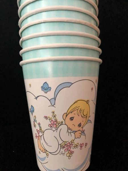BOGO SALE - Rare Precious Moments Baby Party Cups, 9oz - 8ct - Gift From Above! - Aqua Blue Trim - Baby Shower - Christening, Baptism