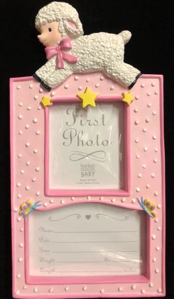 *Newborn Baby Girl First Photo - Personalized Keepsake Pink Picture Frame with Lamb, 9in