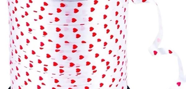 Red Hearts on White Curling Ribbon - 50ft - Printed Ribbon