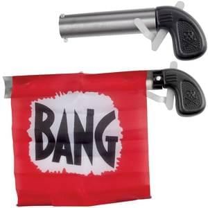 Theatrical Bang Gun Accessory with Flag, Silver Metal - Halloween Spirit - Purim - under $20