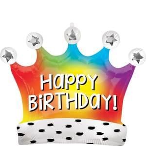 (#7) Happy Birthday Crown Shape Foil Balloon, 27in - Satin Rainbow - Pride - Jumbo Birthday